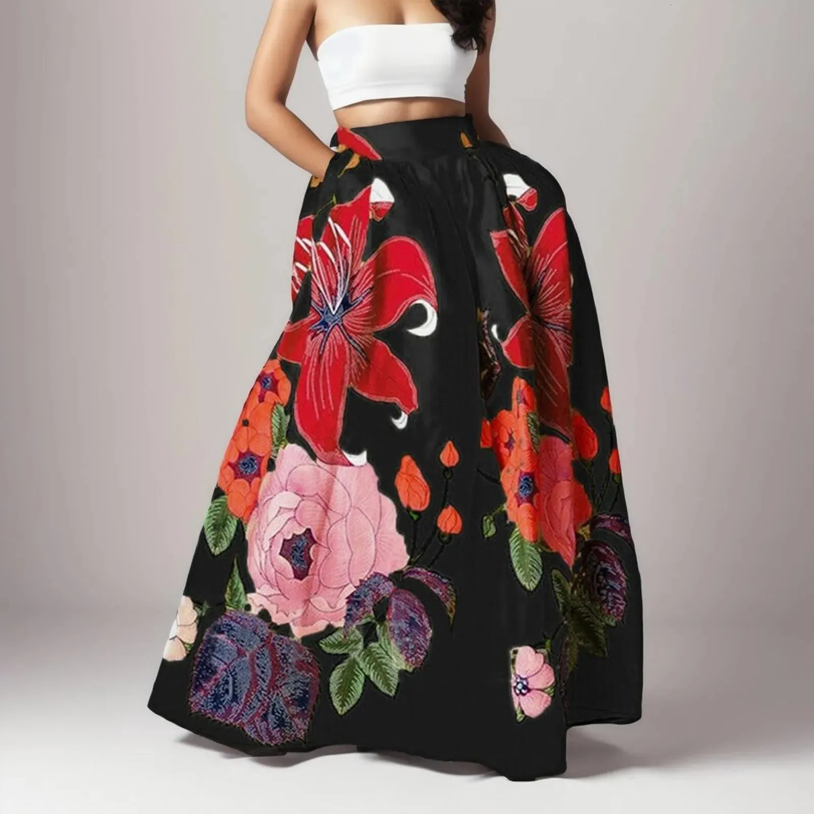 Stijlvolle grote bloemen bedrukte vrouwen rokken elegante hoge taille aline lange maxi rok 2024 casual los strand feestvakantie 240403