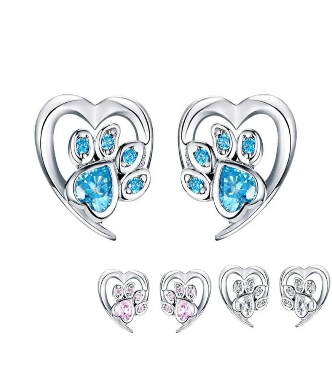 Boucles d'oreilles de goujon de patte de compagnie de cristal bleu pour fille coeur en forme de pied d'oreille de pas d'oreille d'oreille bijoux femmes conception bijoux sce65432155085194582