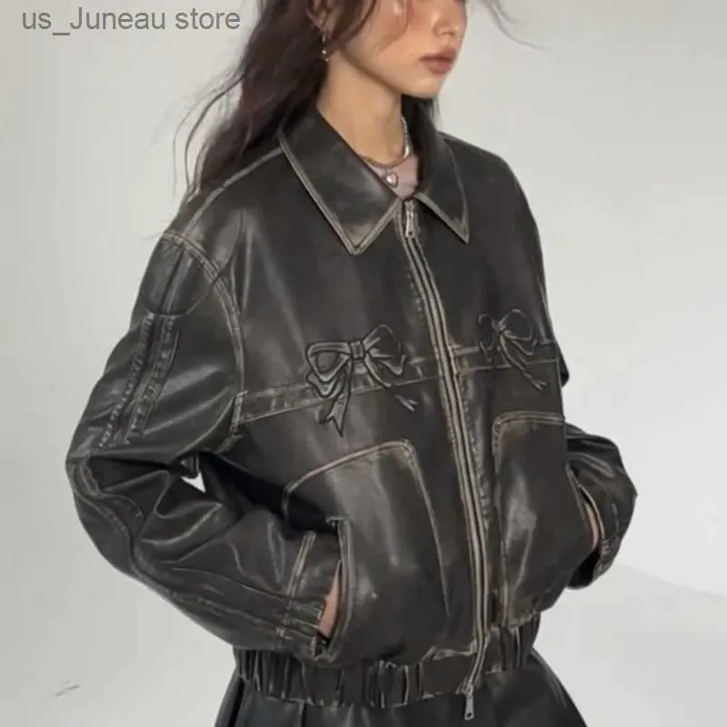 女性用ジャケット新しい弓Y2KモーターサイクルPUレザージャケットファッション女性ジッパーポロネックSWTクールコート2023秋のヴィンテージストート特大トップ1 T240415