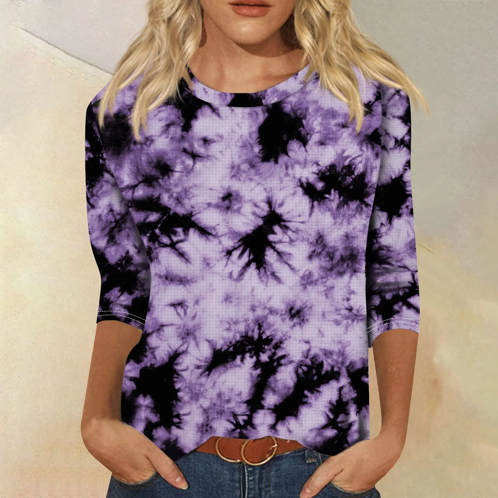 3/4 Sleeve Cute Print Graphic Tees for Women, Casual Plus Size