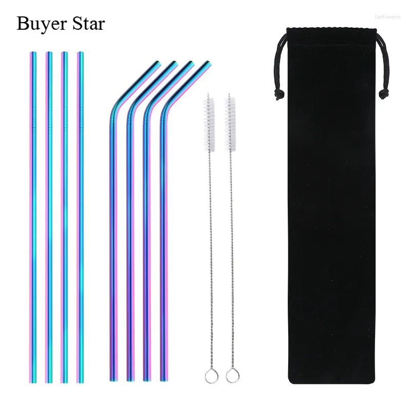 Dricker Straws Buyer Star 4/8pcs återanvändbar halm Hög kvalitet 304 rostfritt stål metall med renare borstpåse för muggar 20/30oz