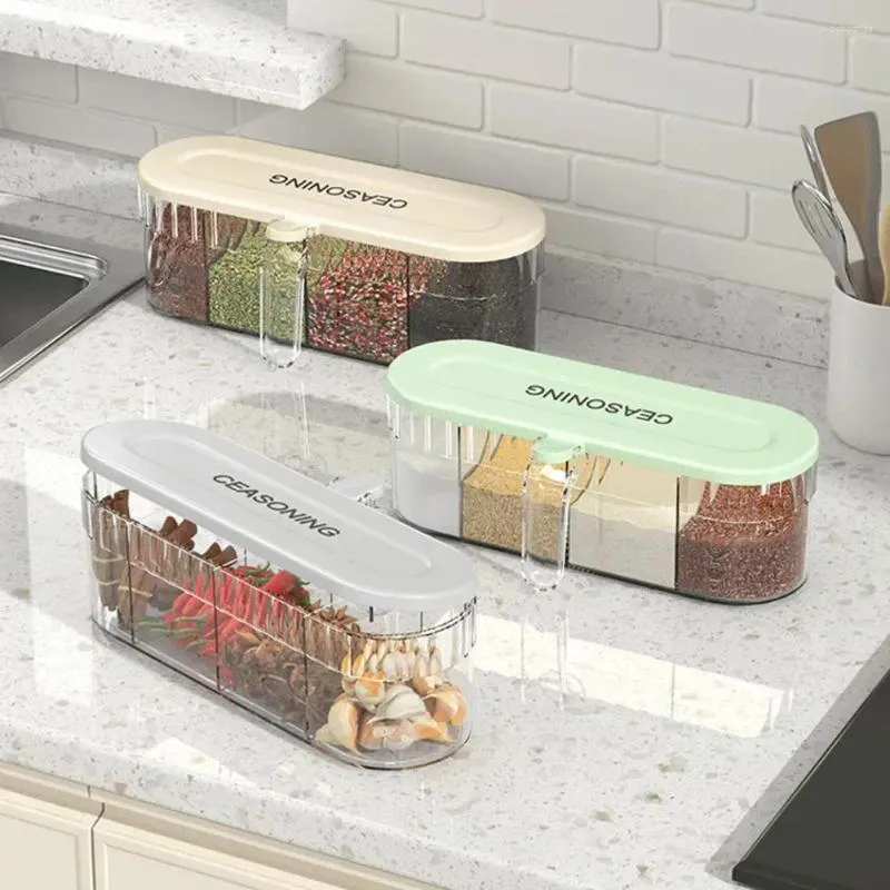 Kitchen Storage Seasoning Box With Lid Large Capacity Dustproof Wall-Mounted 4 Grid Salt Pepper Spice Jar Spoon Set Holders