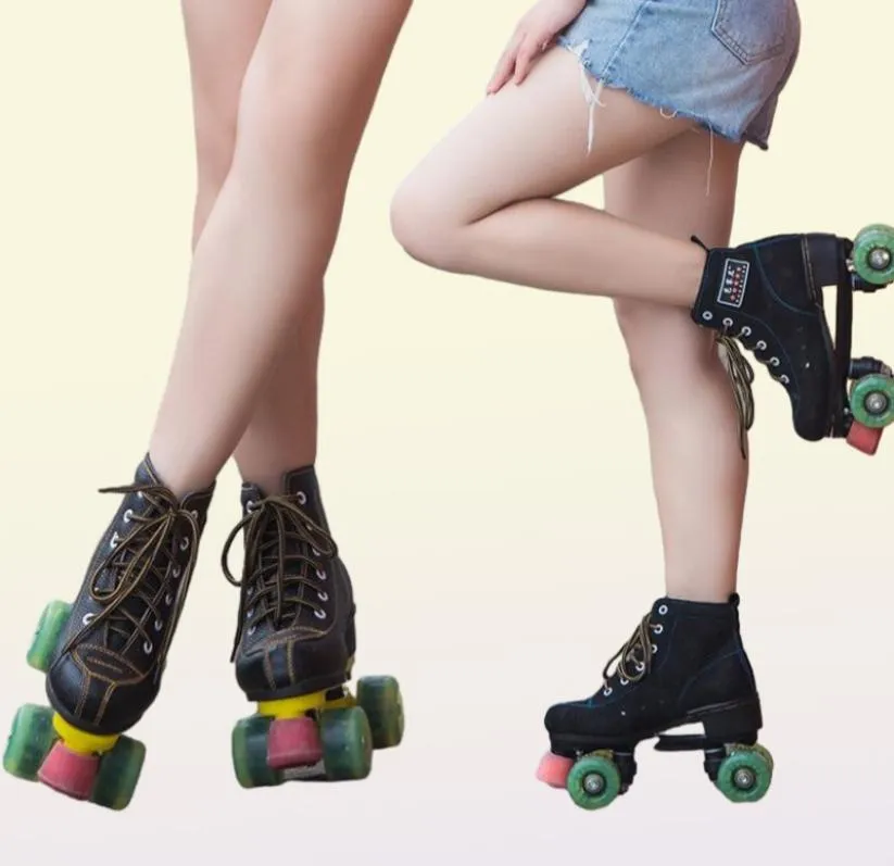 Leather Roller Skates Double Row Ladies Adult Two Rows 4 Rounds Shiny Shoes Inline 4488699