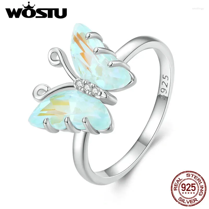 Cluster Rings WOSTU Real 925 Sterling Silver Rainbow Crystal Butterfly Band For Women Cute Insect Delicate Party Jewelry Gift CQR912
