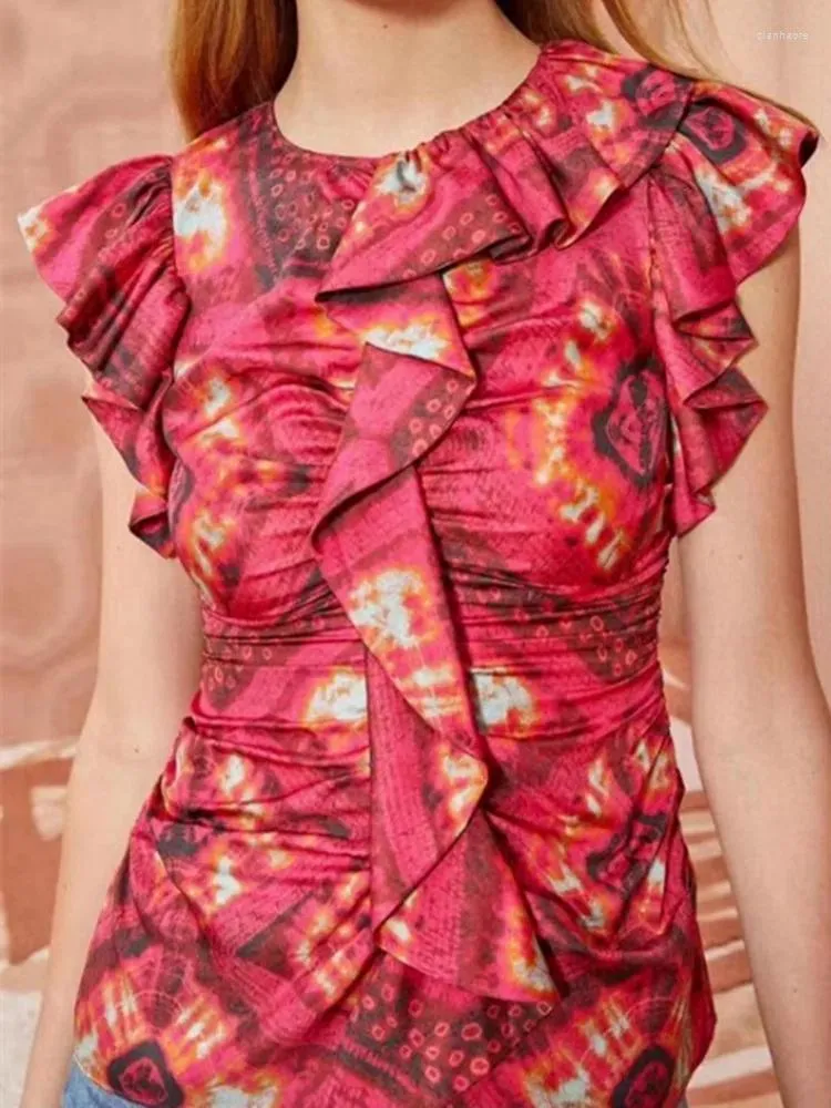 Kvinnors blusar Silkblus för kvinnor Vintage Print Slim 2024 Summer Ladies Sleeveless Ruffles Trim Shirt Back dragkedja toppar