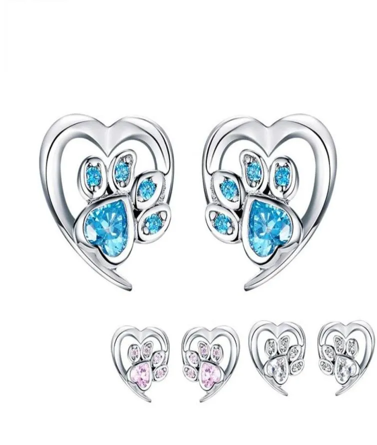 Mavi Kristal Pet Pençe Saplama Küpe Kız Kalp Şekimi CZ Ayak İzi Kulak Saplamaları Takı Kadınlar Tasarlan Bijoux SCE65432155082839908