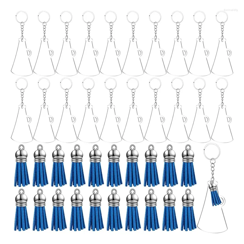 Keecheins 20pcs megafoni modella il portachiavi acrilici con tassel blu da 3 pollici a catena trasparente vuoto per il processo fai -da -te chiave