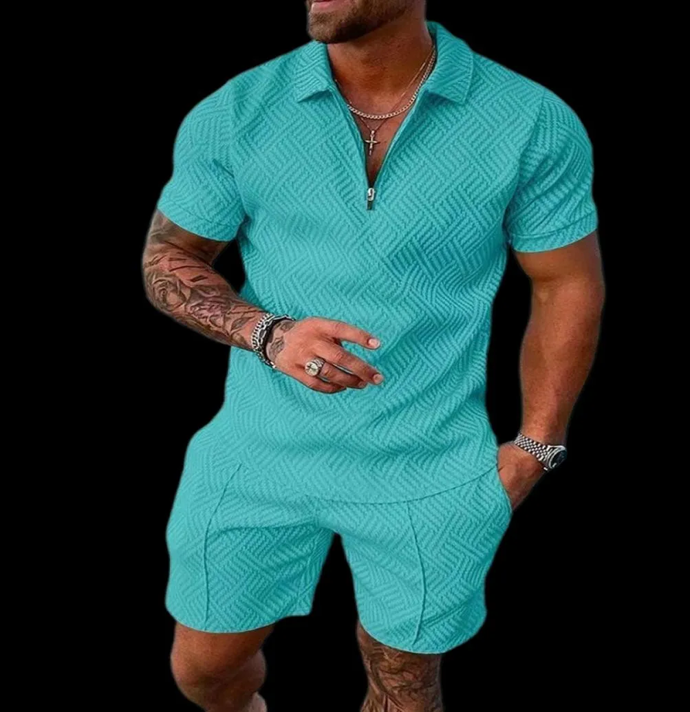 Men039s Tracksuits Polo Suit Fashion SetS S Couleur solide Summer V Neck Zipper à manches courtes Polo Short Deux pièces décontractées 21676584