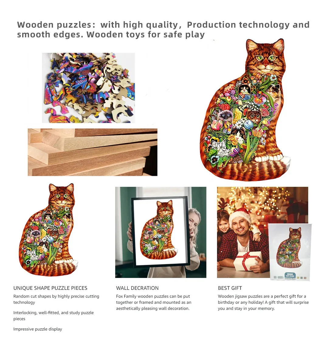 Wooden Animal Puzzle Jigsaw Educational Games for Adults, Hidden Cats ...