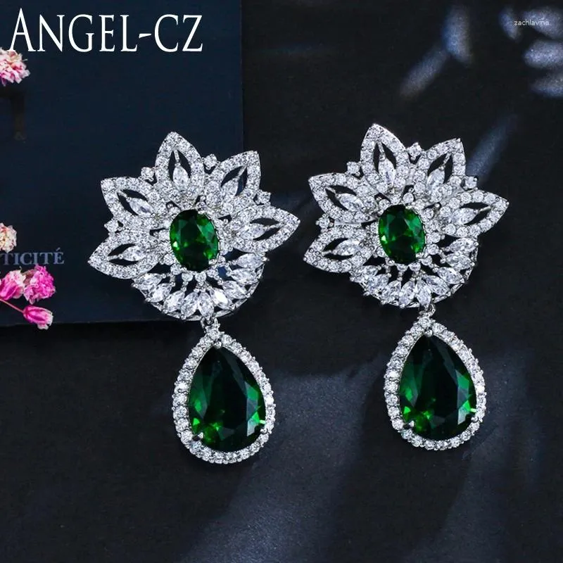 Boucles d'oreilles en pente vintage boucles d'oreille à l'oreille minuscule zircone cubique pave Green Teardrop pierre grande pour femmes bijoux de fête AE021