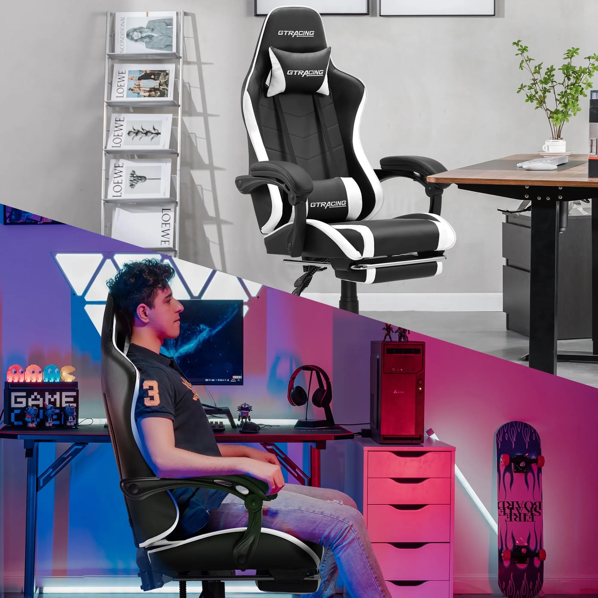GTRACING GTWD-200 Gaming Chair with Footrest, Height Adjustable Office Swivel Reclining, White