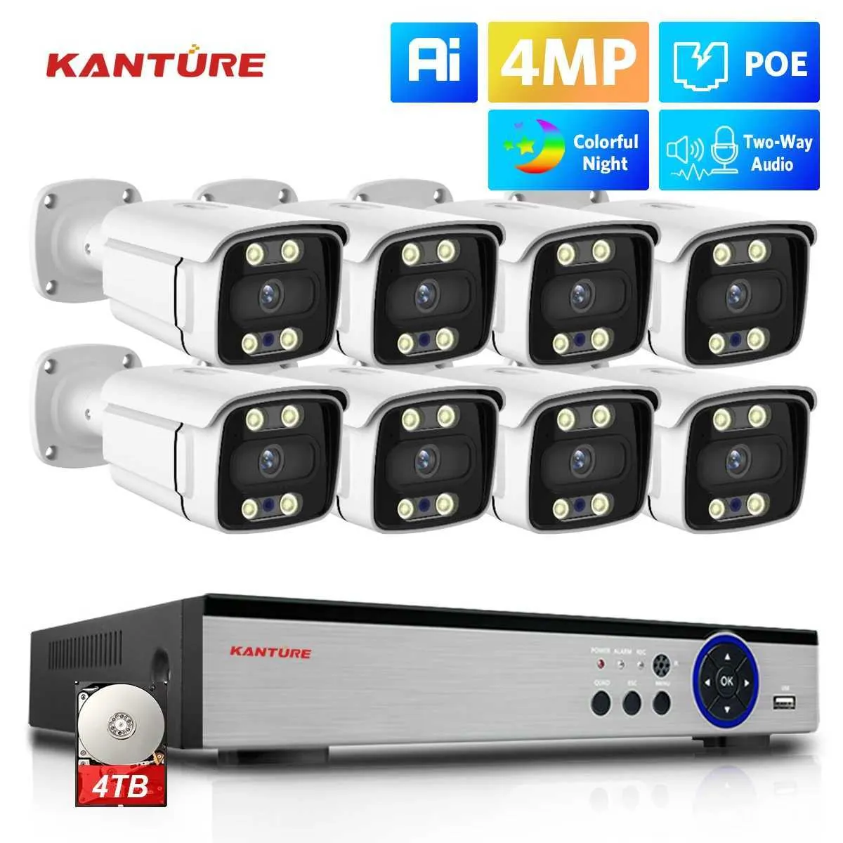 IP -kameror Kanture 8ch 4K CCTV POE NVR 4MP AI Human Detect Tway Audio Color Night Security Camera System Outdoor Video Surveillance Kit 24413