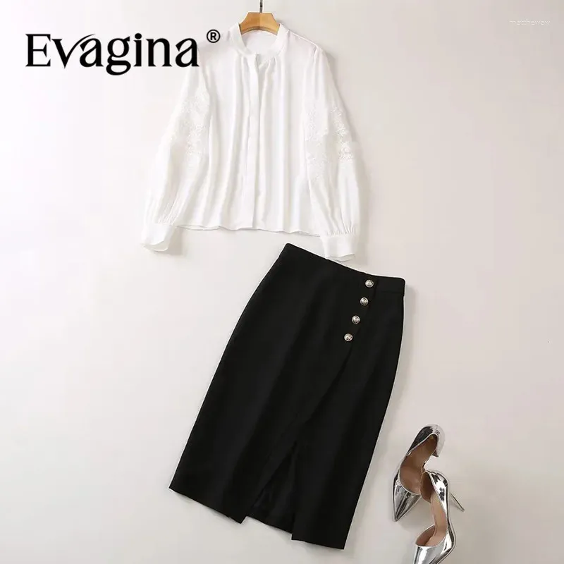 Vestidos de trabalho evagina moda moda elegante e elegante renda lanterna de lanterna longa camisa de manga longa de cintura alta hip split meia saia de 2 peças