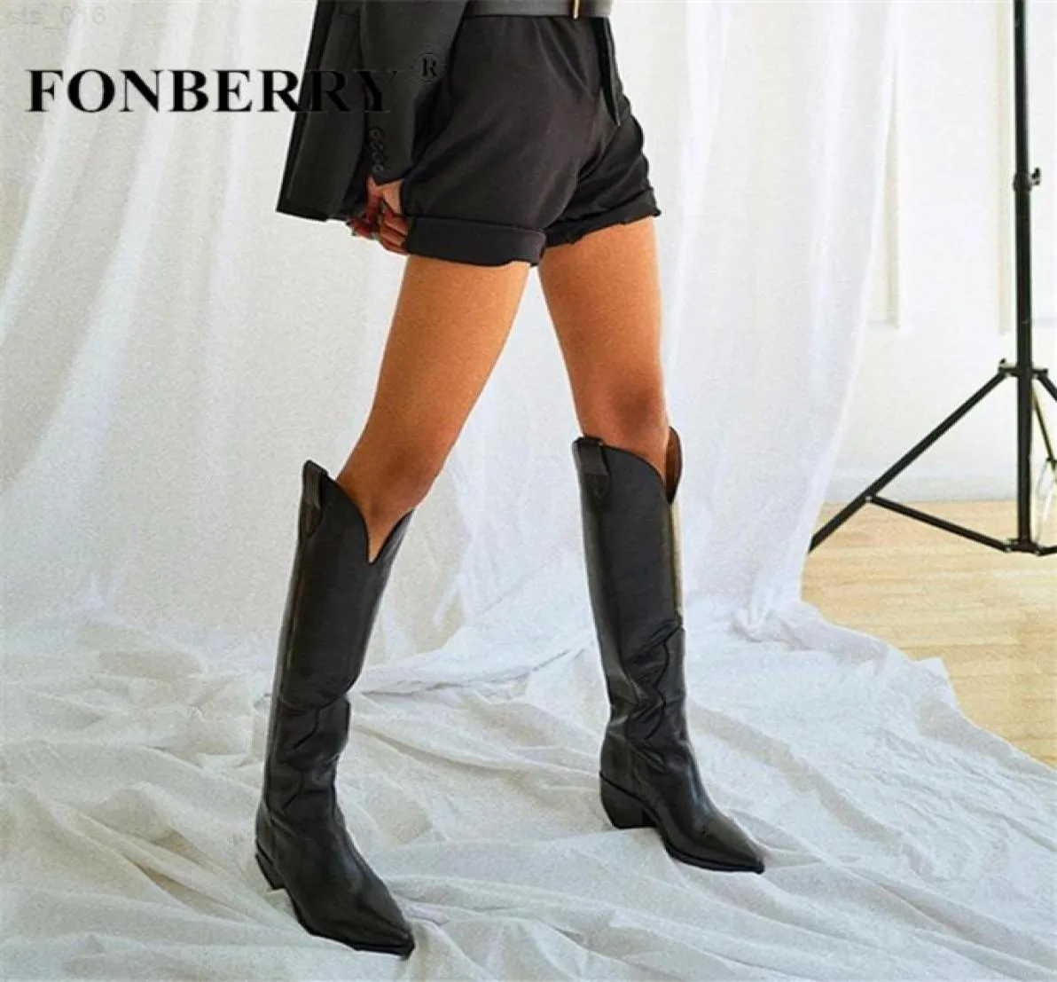 Fonberry matte skórzane kolano High Western Cowboy Boots Women 2022 Autumn Trendy Trendy Botki Black Slip on Ladies Shoest22071305535