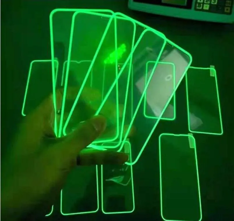 Lysande fluorescerande härdat glasskärmskydd Glöd i mörkret för iPhone 14 13 12 mini 11 Pro Max X Xs XR 8 7 Samsung S22 9524380