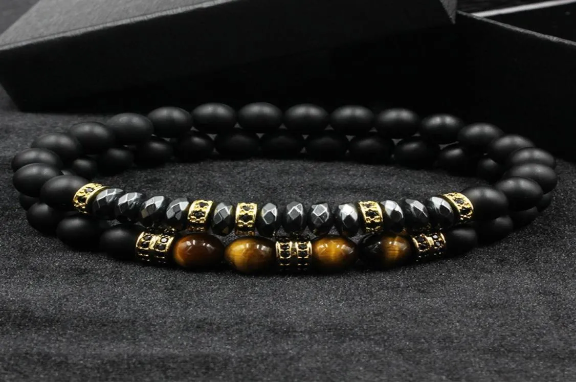 2PCSSETブランドファッションPave CZ MEN BRACELET 8mmマットビーズとリストストラップアクセサリーのヘマタイトビーズDIYチャームギフトValentin6765338