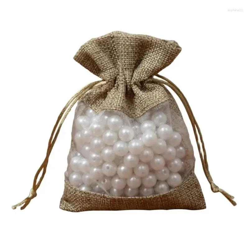 Present Wrap Linen Jute DrawString Bag med Clear Window Fabric för smycken Dry Flower Cosmetics Packaging