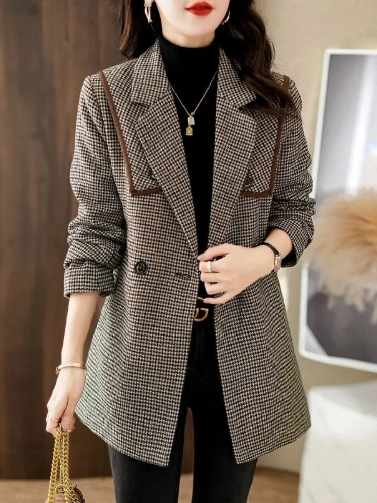 Houndstooth Wool Coat for Women Double Breasted Lapel Long Sleeve ...