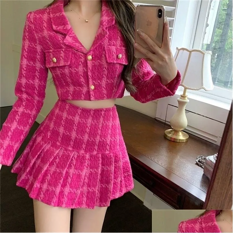 Zweiteiliger Kleid im Herbst kleine Duft Vintage T Set Women Crop Top Woll Kurzjacke Mantel Miniröcke Sets süße 2 Anzüge 220725 Drop dh80a