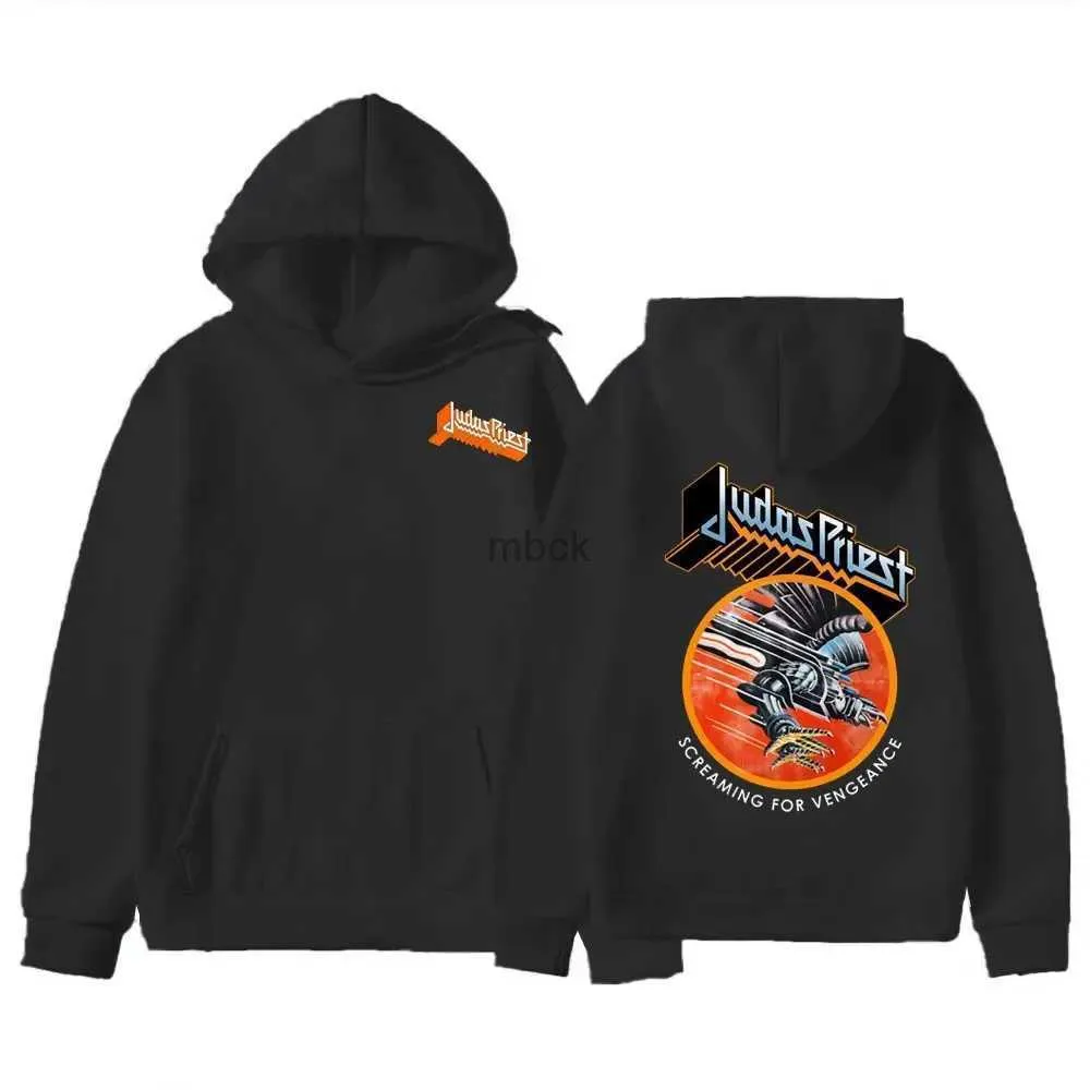 Sweatshirts Mens jaquetas Judas Priest Hoodie outono de manga longa rock preto design duplo face gráfico de banda vintage Pullovers homens molhas 240412
