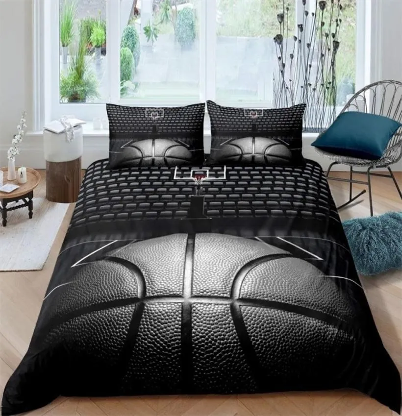 Set di biancheria da letto Basketball Coperpedini Set di coperture per la palla 3D Black Sports Tema Set di biancheria da letto Microfibra Giochi competitivi di basket King 1394201