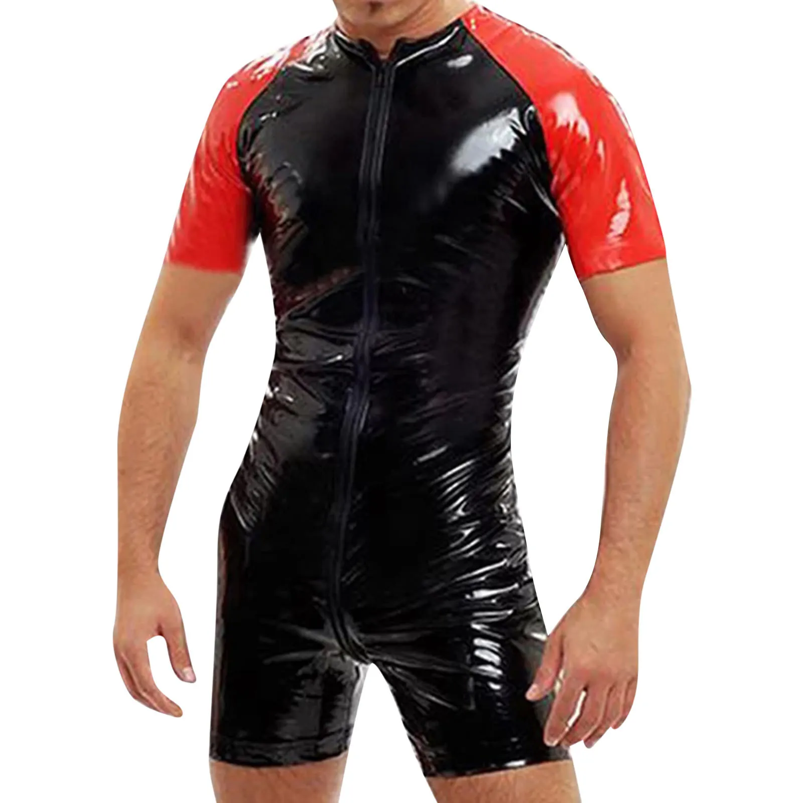 Patent Leather Bodysuit SEAUR Men's Patent Leather Catsuit - Wet Look Bodysuit With Front Zipper Clubwear Men Catsuit