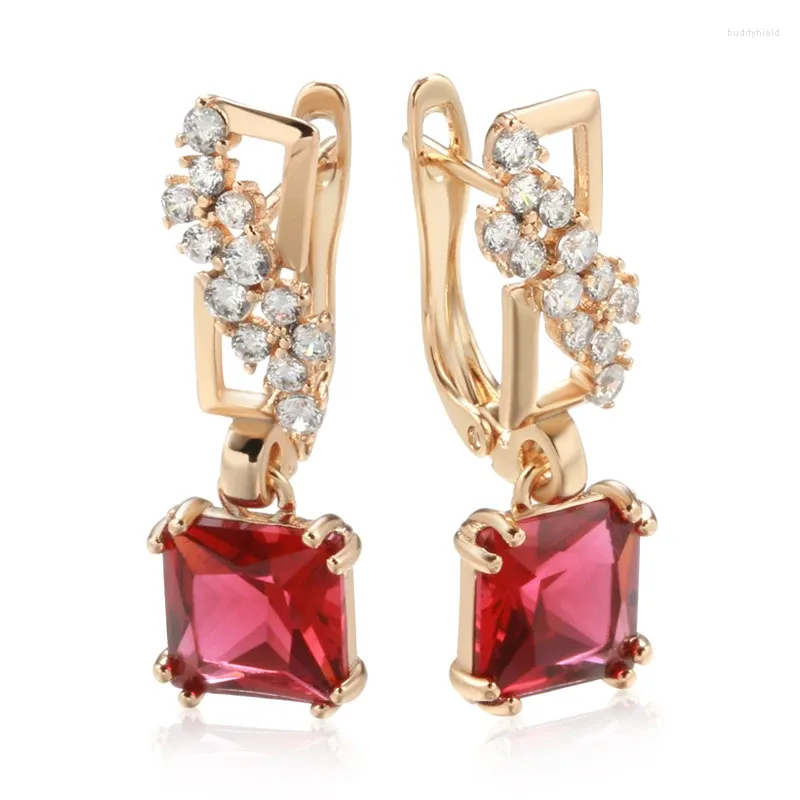 Bengelen oorbellen wbmqda luxe mode vierkant rode zirkoon druppel voor vrouwen 585 roségoud kleur bruiloft feest fijne sieraden accessoires