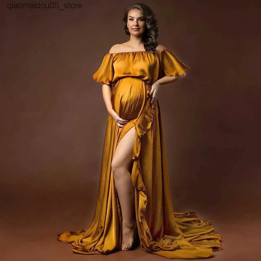 Bohemian off shoulder ankle-length maternity dress pleated satin split  style for baby shower photo shoot from Dhgate Maternity Dresses - price  56.81