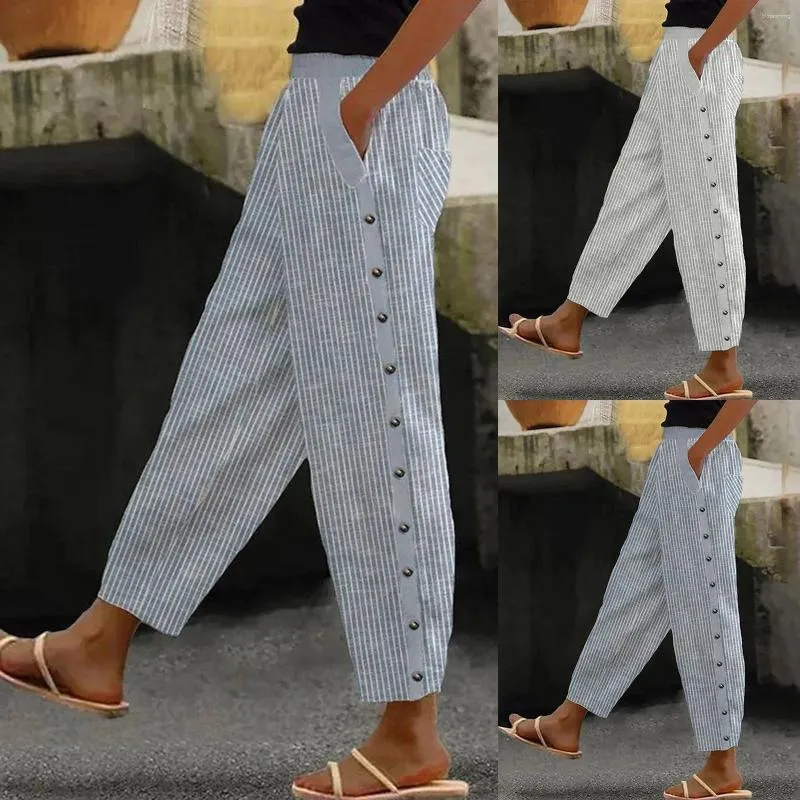 Kadın Pantolon Yaz Yan Düğmeleri Sıradan Pantolon Kadınlar Katı Gevşek Pamuk Keten Harem Kadın Vintage Ayak Bileği Uzunluğu Geniş