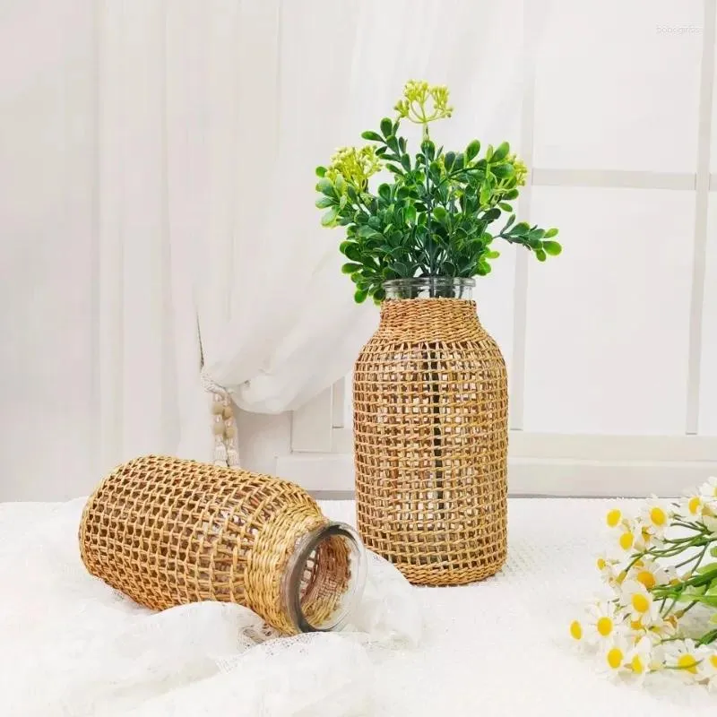 Vazolar Straw Dokuma Cam Kuru Çiçek Japon Yaratıcı Su Bazlı Bitkiler Ev Dekorasyon Süsleri