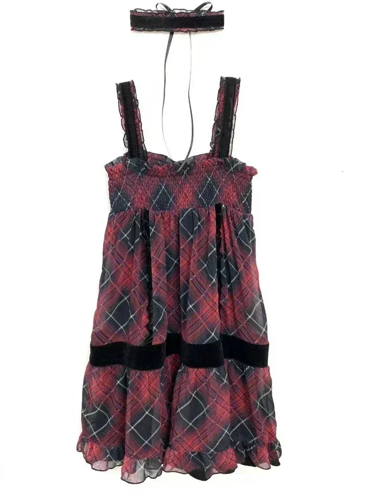 Deeptown Harajuku Goth Red Mini Plaid Dress Women Y2K Gothic Mall Cyber ​​Punk Halloween Dresses Vintage One Piece Slip Vestidos 240329