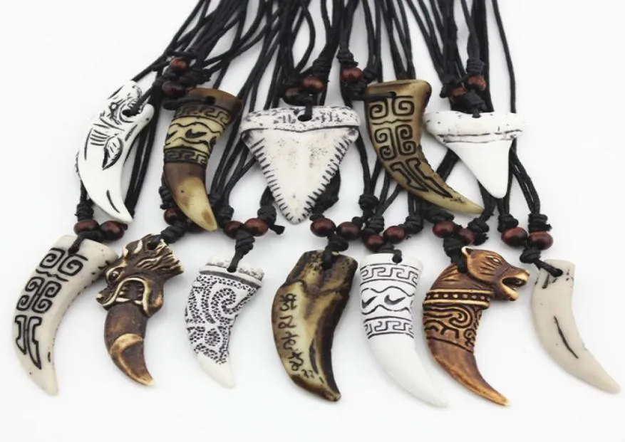 Fashion Jewelry Wholesale 12PCS/LOT Mixed Cool Imitation Bone Carved Dragon Totem /Wolf Tooth Pendant Necklace Amulets Drop Shipping4693729