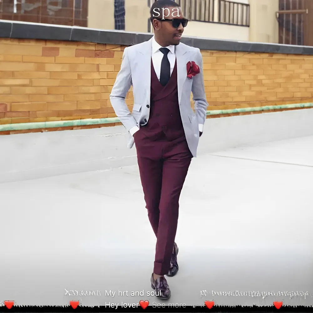 Gray Maroon Tuxedo Vest Gray 3-Piece Men's Suit: Burgundy Vest