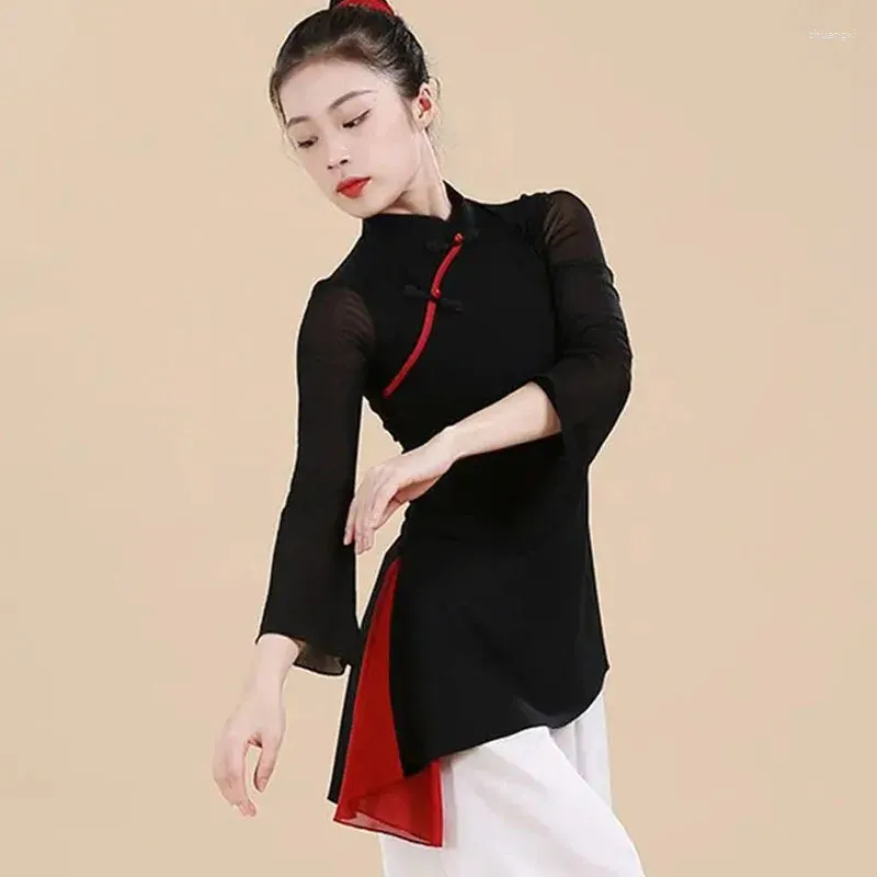 Etnische kleding Cheongsam dames plus size tops 2024 lente mode mesh fabric onregelmatige splicing holle Chinese stijl dance qipao shirts