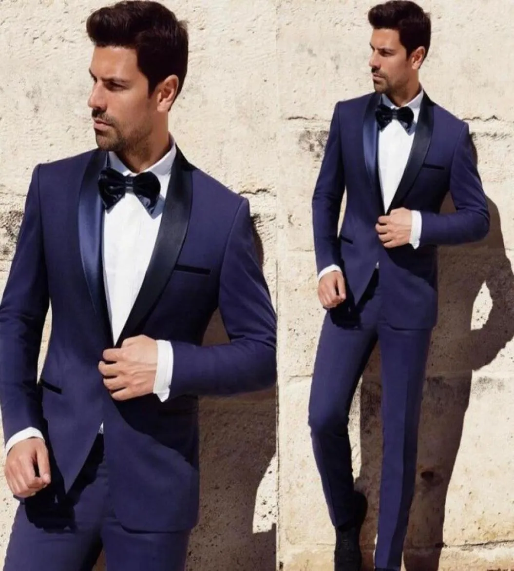 Dark Blue Groom Tuxedos Groomsman Slim Fit Business Suits Bridegroom Lapel Trim Custom Made Wedding Mens Suits JacketPants2643349