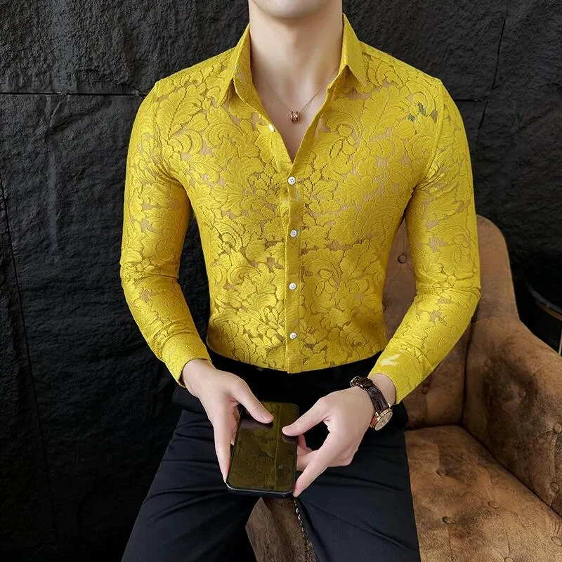 トップス flower print sheer shirt / yellow / S Mens Floral Lace Sheer Dress Shirt, Slim Fit Long Sleeve