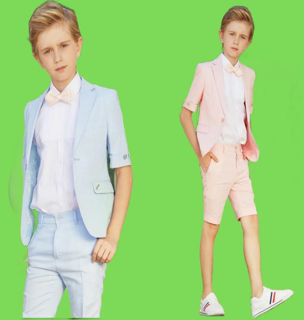 Summer Two Piece Boy Formal Wear Wedding Party Tuxedos Short Sleeve Sky Blue Toddler Kids Boy039s Suits Cheap Custom Made Brith8592910