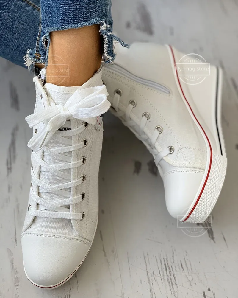 Women's High Top Platform Wedge Sneakers - Lace Up Canvas Trainers In Black/White