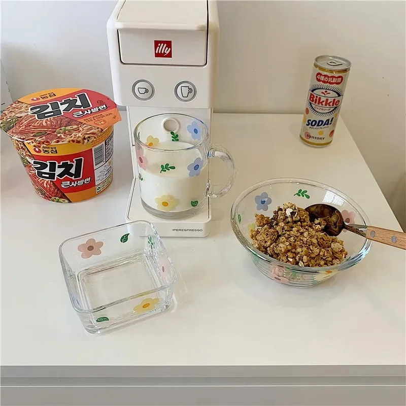 Ciotola di vetro in stile coreano fresco e adorabile set cereali la colazione insalata e servizio resistente al calore