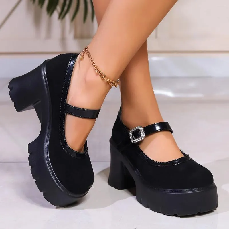 Zapatos de vestir para mujeres Crystal Chunky Heeled Mary Jane Pumps Black High Platform Woman Mujer elegante Tobillo Fiesta de tacones gruesos