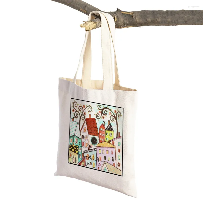 Sacs à provisions rétro Couleurs rurales villes fille écos pliage des femmes pliant toile dessin animé Lady Travel Shopper sac supermarché