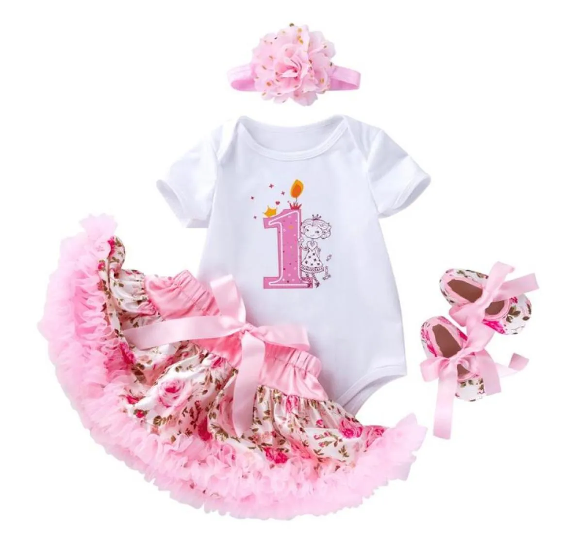 Kläderuppsättningar Rose kjol set 4st född baby flickor romper spädbarn kläder prinsessan småbarn barn kläder ett år gammal födelsedag suitcl5684346