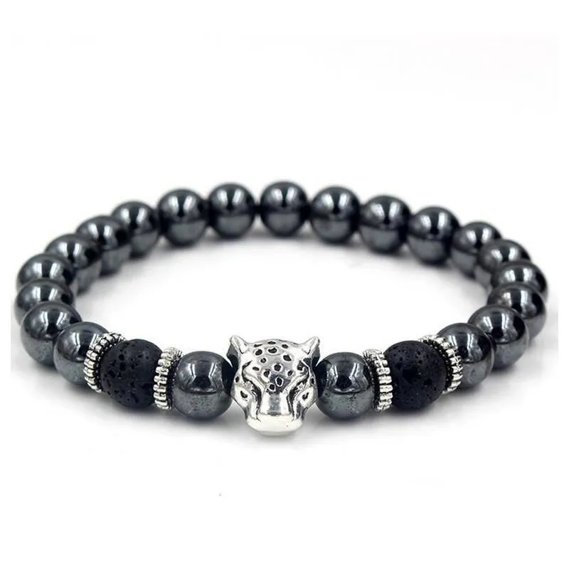 ビーズブラックヘマタイトストランドストーン溶岩岩岩ブレスレット合金金メッキsier skl lion owl for women men bracelet drop Delivery Jewe DHHKD