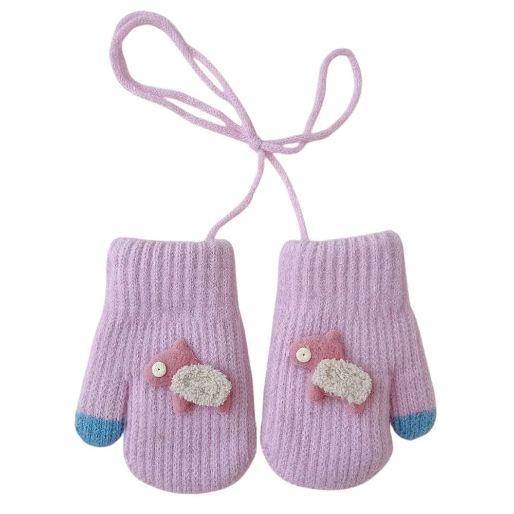 Kids Toddlers Thermal Gloves Mittens Winter Warm Thick Knitted Gloves With String Fluffy Full Finger Mittens Baby Fleece Lined Gloves Hanging Neck