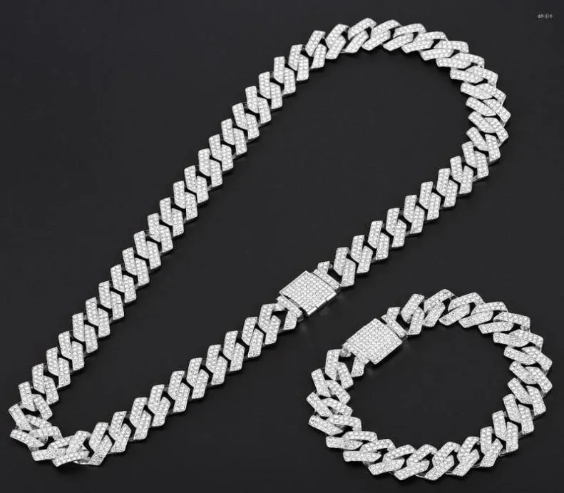 Kedjor 15mm Miami Prong Cuban Chain Link Silver Color Halsband 2 Rad Full Iced Out Rhinestones Armband Set för Hip Hop6839709