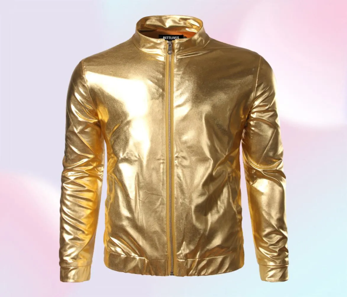 Whole Nightclub Trend Metallic Gold Shiny Jacket Men Veste Homme Fashion Brand FrontZip Lightweight Baseball Bomber Jacket B3517041