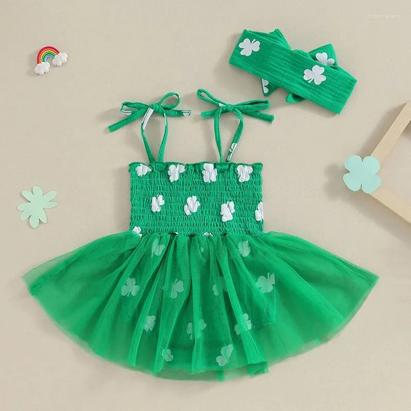 Flicka klänningar st patricks dag baby outfit shamrock romper klänning ärmlös slips rem bodysuit tutu kjol söta sommarkläder