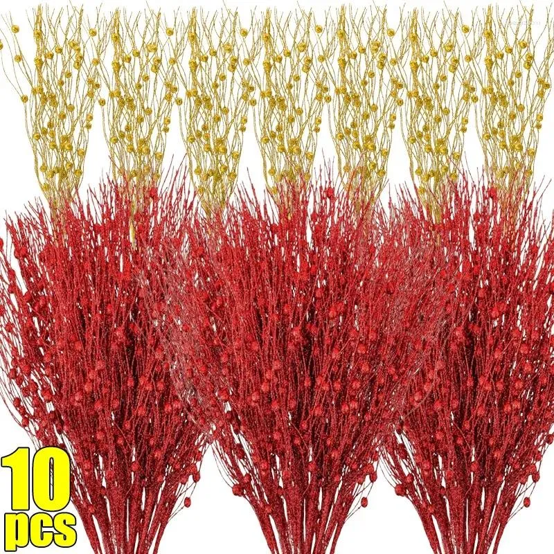 Fleurs décoratives 1 / 10pcs Berry Artificial Berry tige d'or Simulation de poudre d'or Branches de fleur scintillantes Ornements de couronne de bricolage