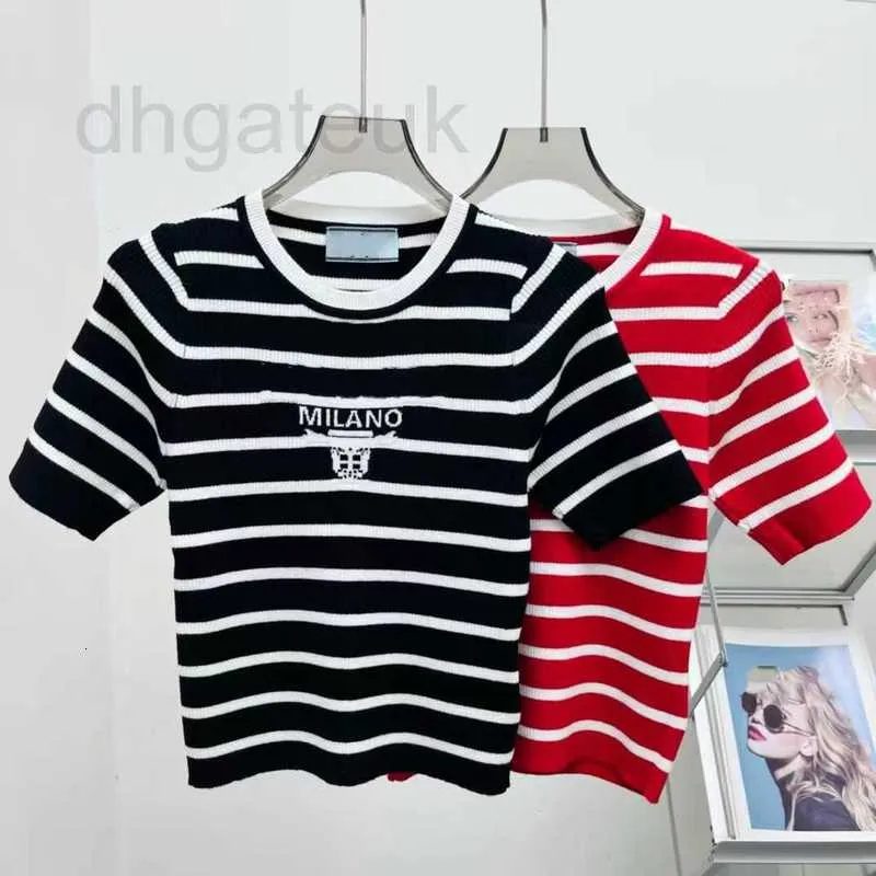 Women's T-Shirt designer brand High End Channel Classic Letter Embroidery Striped Wool Skin Friendly 5/4 Sleeve Slim Fit Short Thin Knit Sweater 5C6B