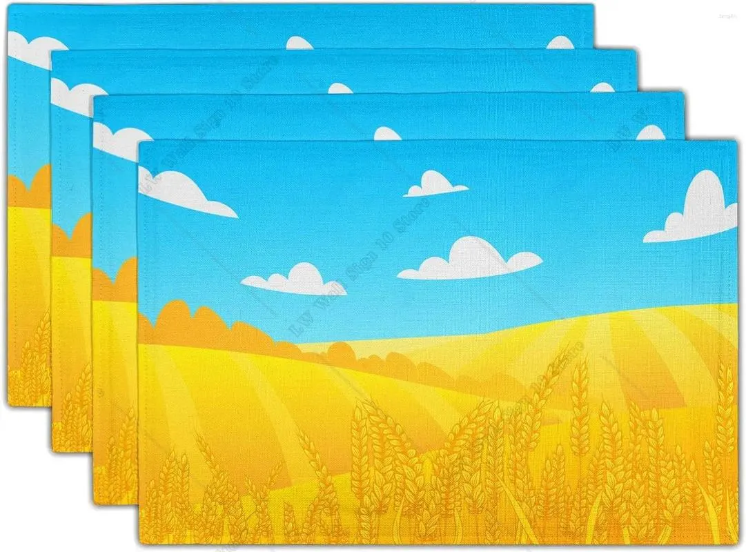 Table Mats Blue Sky Golden Wheat Place Mat Linen Wrinkle Resistant Placemats Set Of 4 Kitchen Accessories For Party Atmosphere Enhancement